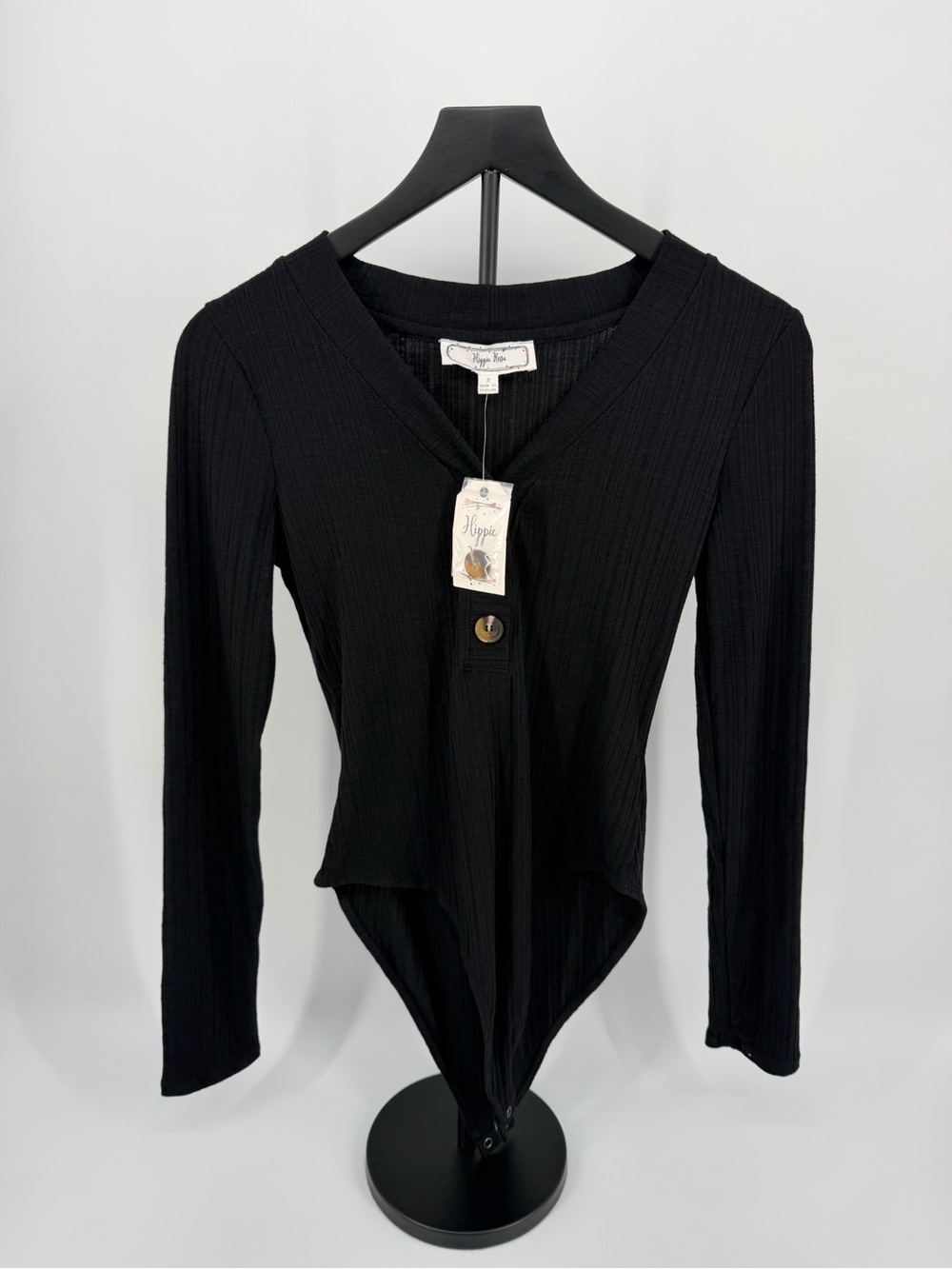 Hippie Rose Black Ribbed V-Neck Long-Sleeve Bodysuit - Picture 2 of 8